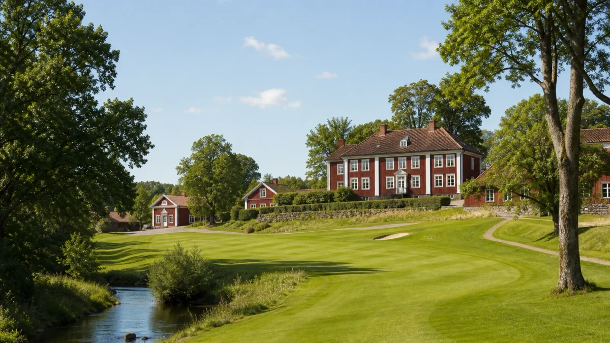 Fairway, bunkrar och vita husknutar på Landeryds Golfklubb