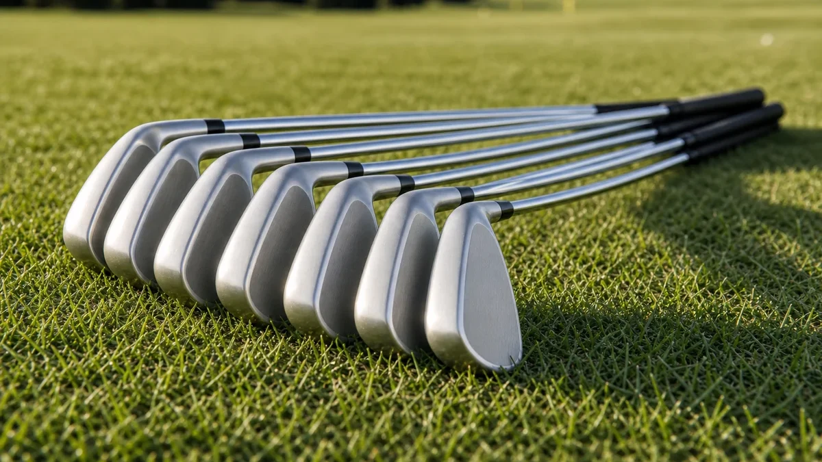 Uppsättning järnklubbor för carry-tabell illustrerad med golfmotiv