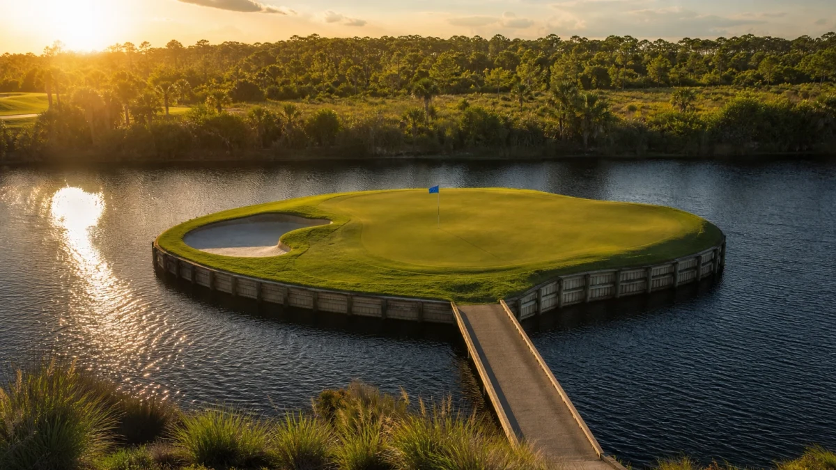 Ö-green omgiven av vatten på TPC Sawgrass inför The Players Championship