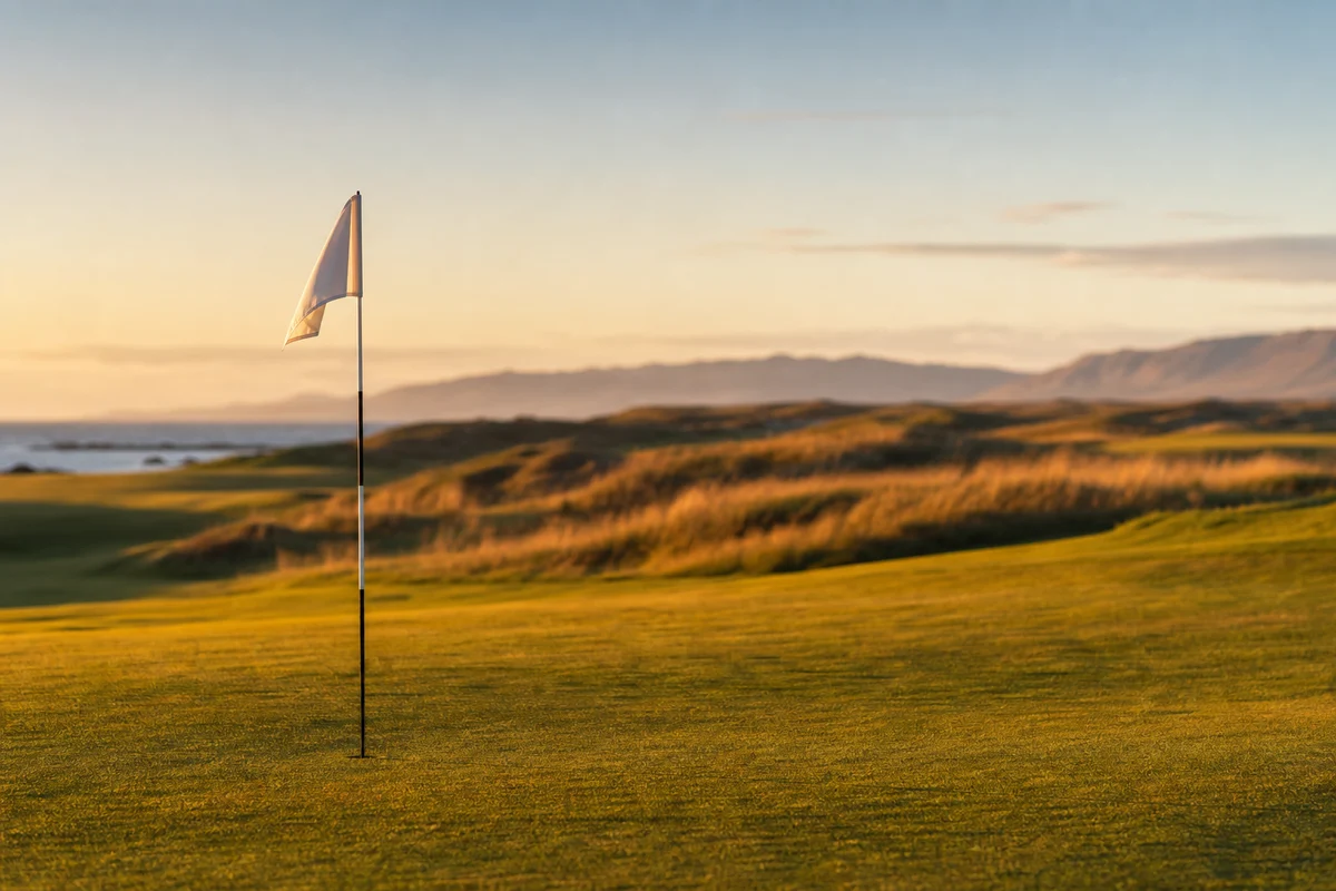 Golfspelare illustrerade med en ensam flaggstång på en mästerskapsbana i gyllene ljus
