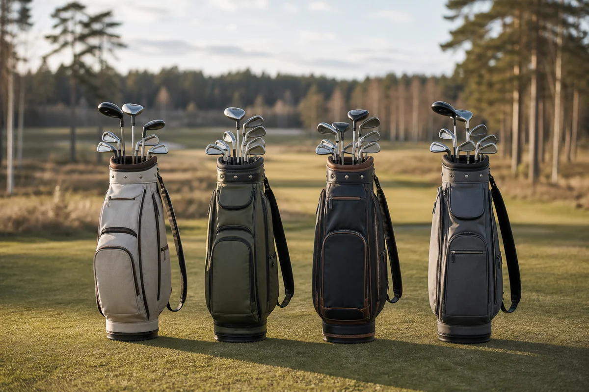 Spelformer i golf illustrerade med fyra golfbagar uppradade på första tee