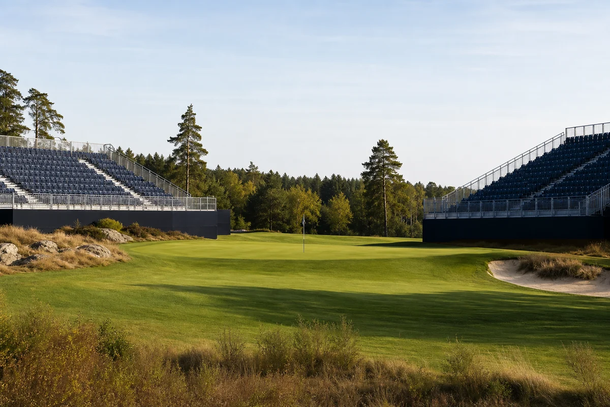 Golfturneringar illustrerade med tomma läktare kring en avslutande green