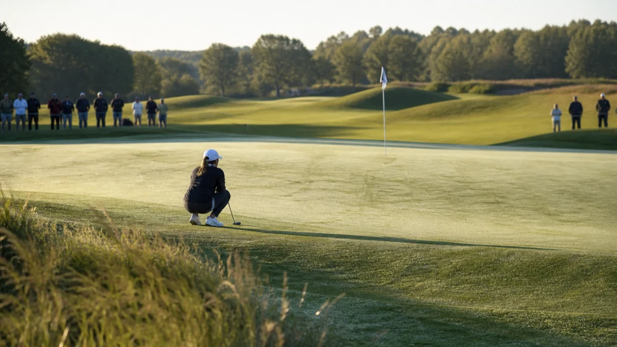 Illustrationsbild av en golfspelare som puttar på en green i morgonljus, med gles publik i bakgrunden.
