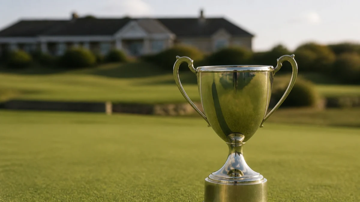 Illustrationsbild av en golfpokal i närbild med ett klubbhus oskarpt i bakgrunden.